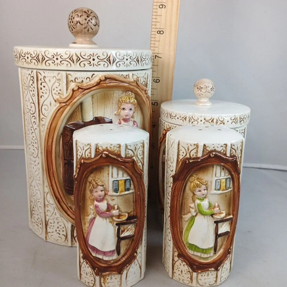 Vintage 1978 SEARS ROEBUCK Pioneer Woman ceramic kitchen canisters Salt Pepper